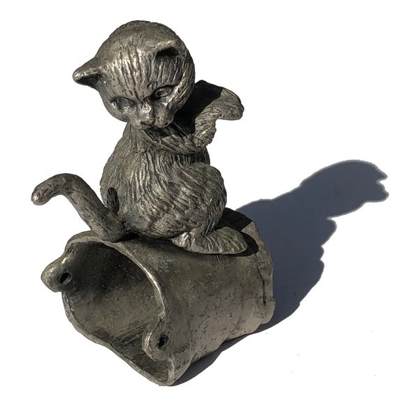 Vintage Pewter Kitten Cat on a Pail Figurine